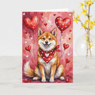 Akita Inu Valentinstag Hund sitzt mit Herzen Rot Karte