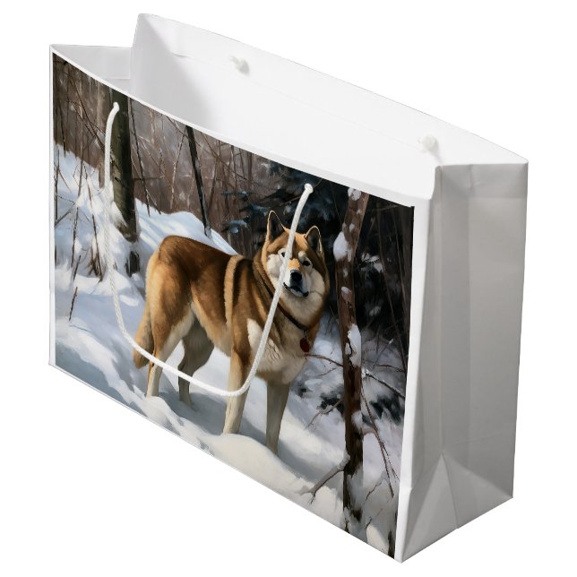 Akita Let It Schnee Weihnachten Große Geschenktüte (Vorderseite Schrägansicht)