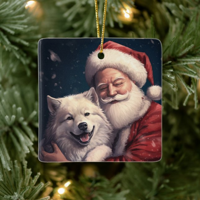 Akita mit dem Weihnachtsmann Weihnachten Keramikornament (Baum)