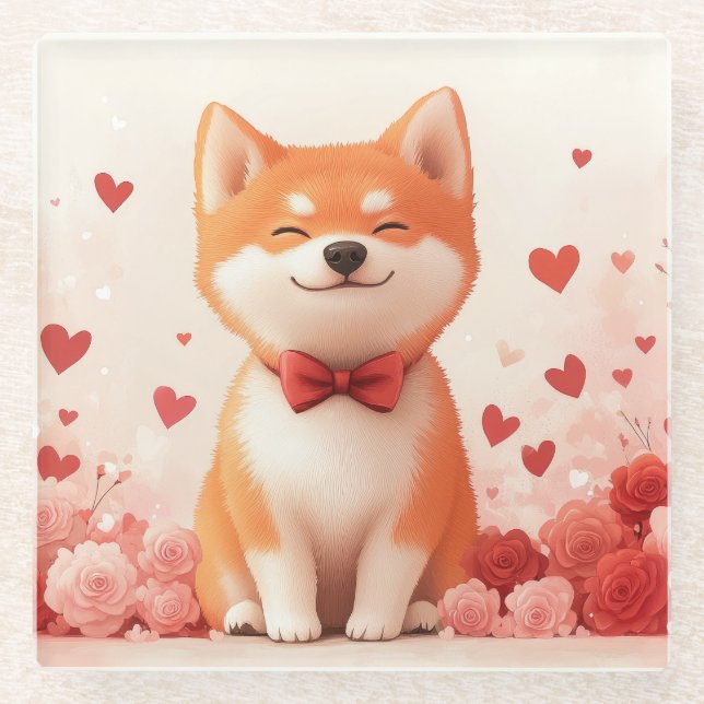 Akita mit Rose - Valentinstag Glasuntersetzer (Vorderseite)
