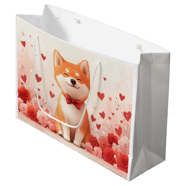 Akita mit Rose - Valentinstag Große Geschenktüte (Vorderseite Schrägansicht)