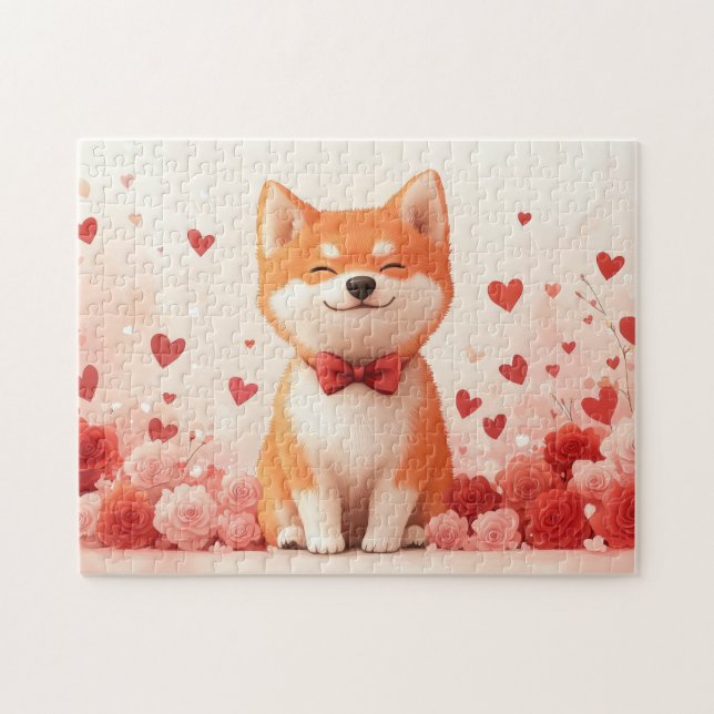 Akita mit Rose - Valentinstag Puzzle (Horizontal)