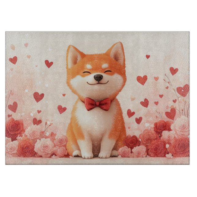 Akita mit Rose - Valentinstag Schneidebrett (Vorderseite)