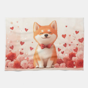 Akita mit Rosen - Valentinstag  Geschirrtuch