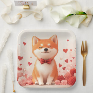 Akita mit Rosen - Valentinstag Pappteller