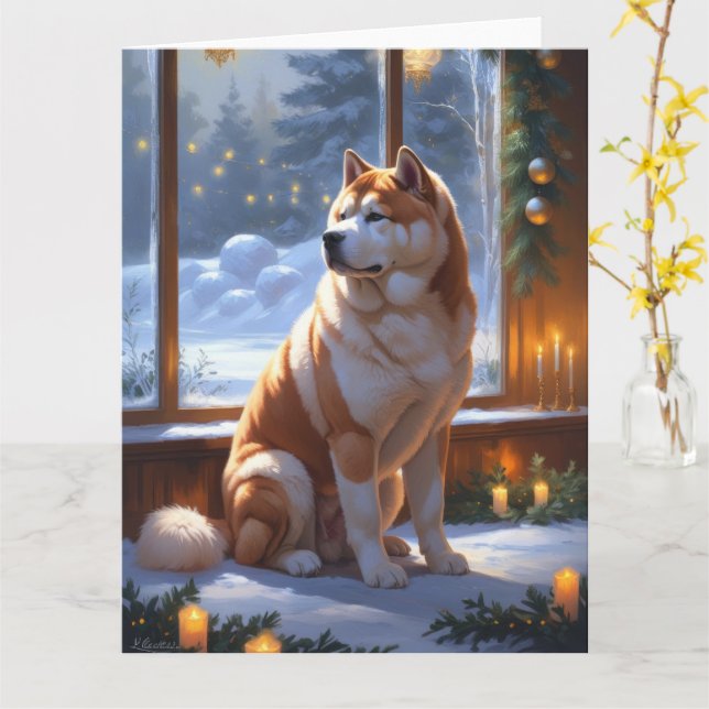 Akita mit Weihnachtsbeleuchtung Urlaub Karte (Gelbe Blume)