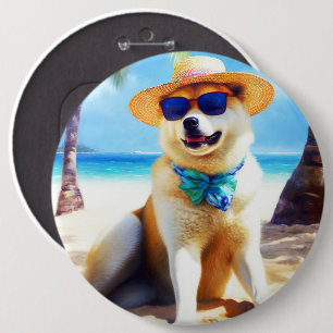 Akita on Beach, Sommergeschenk für Hundefreunde Ge Button