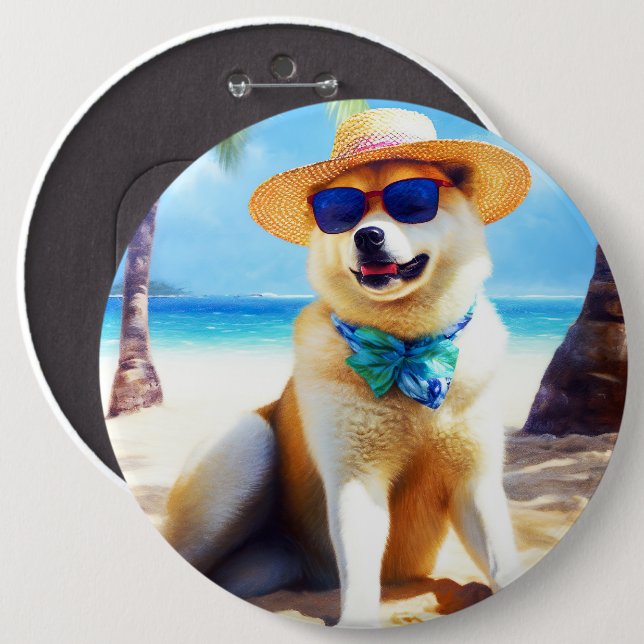 Akita on Beach, Sommergeschenk für Hundefreunde Ge Button (Vorne & Hinten)