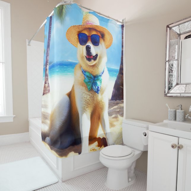 Akita on Beach, Sommergeschenk für Hundefreunde Ge Duschvorhang (Beispiel)