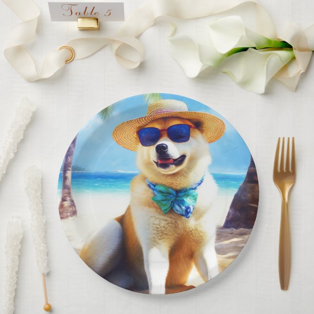 Akita on Beach, Sommergeschenk für Hundefreunde Ge Pappteller (Hochzeit)