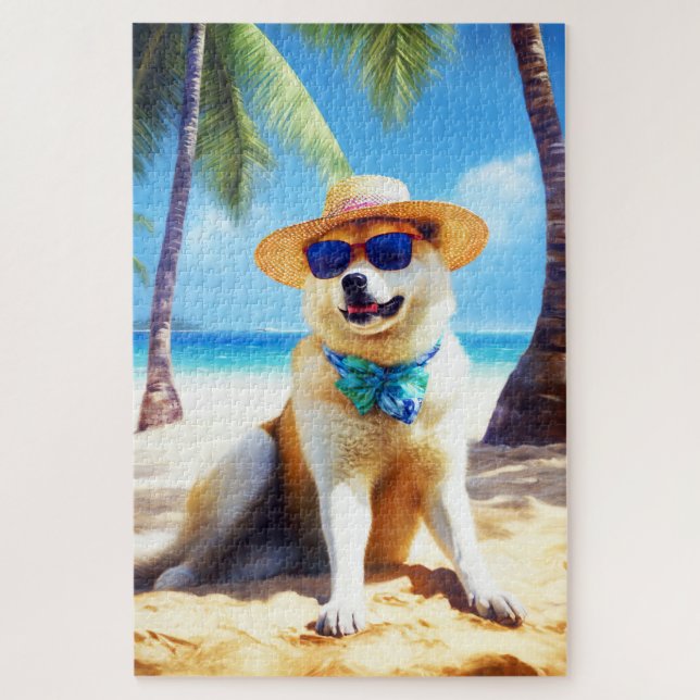 Akita on Beach, Sommergeschenk für Hundefreunde Ge Puzzle (Vertikal)