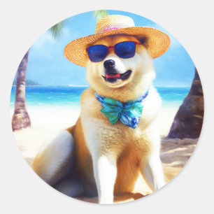 Akita on Beach, Sommergeschenk für Hundefreunde Ge Runder Aufkleber