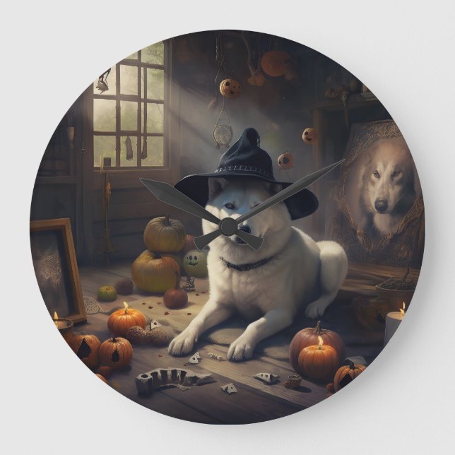 Akita Pumpkins Halloween Beängstigend Große Wanduhr (Vorderseite)