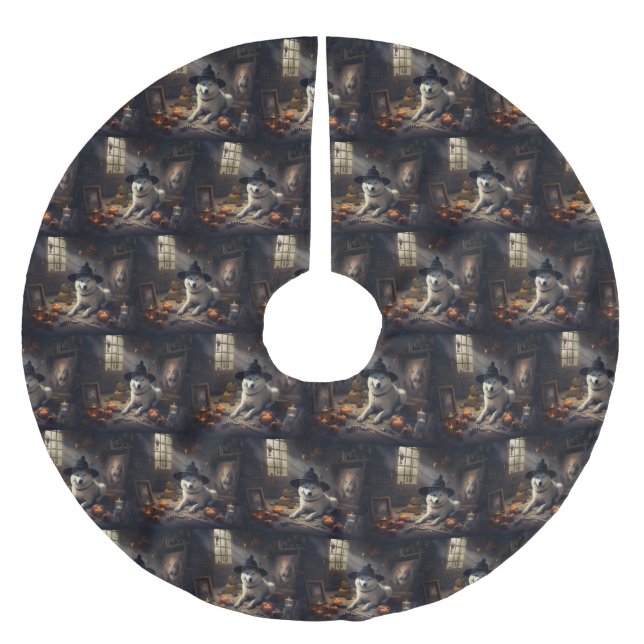 Akita Pumpkins Halloween Beängstigend Polyester Weihnachtsbaumdecke (Vorderseite)