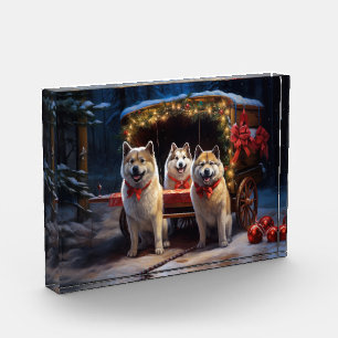 Akita Schneebedeckte Schlittenfahrt Weihnachtsdeko Fotoblock