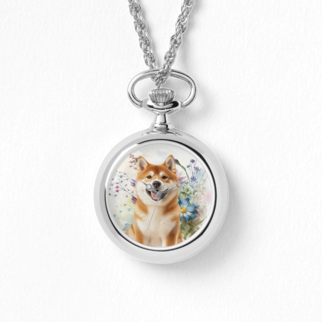 Akita Shiba Inu Dog with Blue Watercolor Flowers Armbanduhr (Vorderseite)