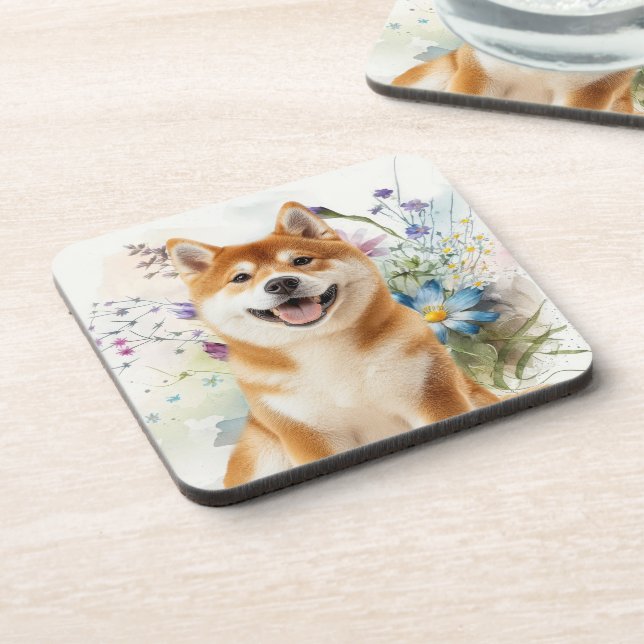 Akita Shiba Inu Dog with Blue Watercolor Flowers Getränkeuntersetzer (Linke Seite)