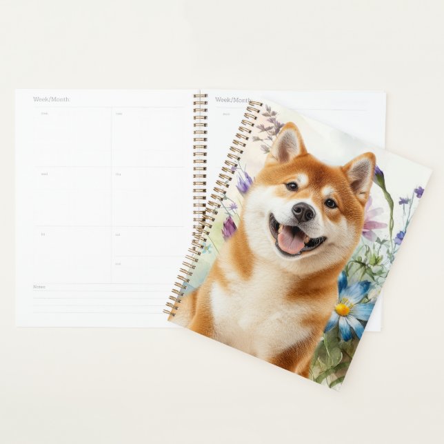 Akita Shiba Inu Dog with Blue Watercolor Flowers Planer (Anzeige)