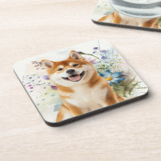Akita Shiba Inu Hund mit blauen Wasserfarbenblumen Getränkeuntersetzer