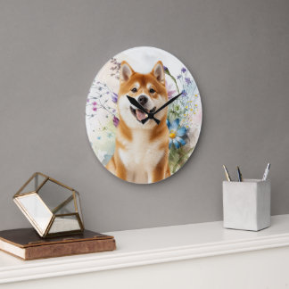 Akita Shiba Inu Hund mit blauen Wasserfarbenblumen Große Wanduhr