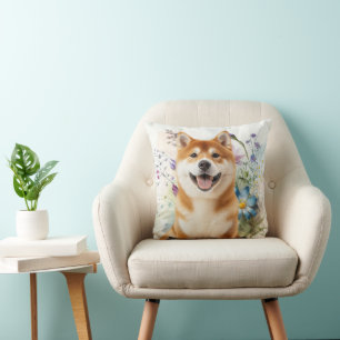 Akita Shiba Inu Hund mit blauen Wasserfarbenblumen Kissen