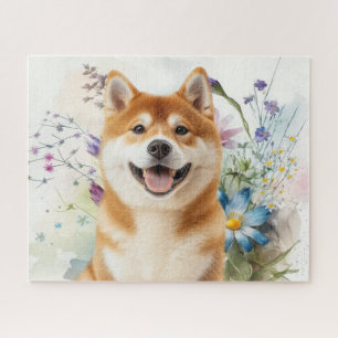 Akita Shiba Inu Hund mit blauen Wasserfarbenblumen Puzzle
