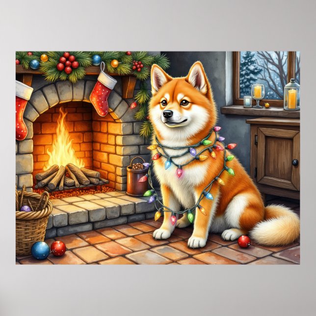 Akita Sitting by Fireplace with Christmas Lights Poster (Vorne)