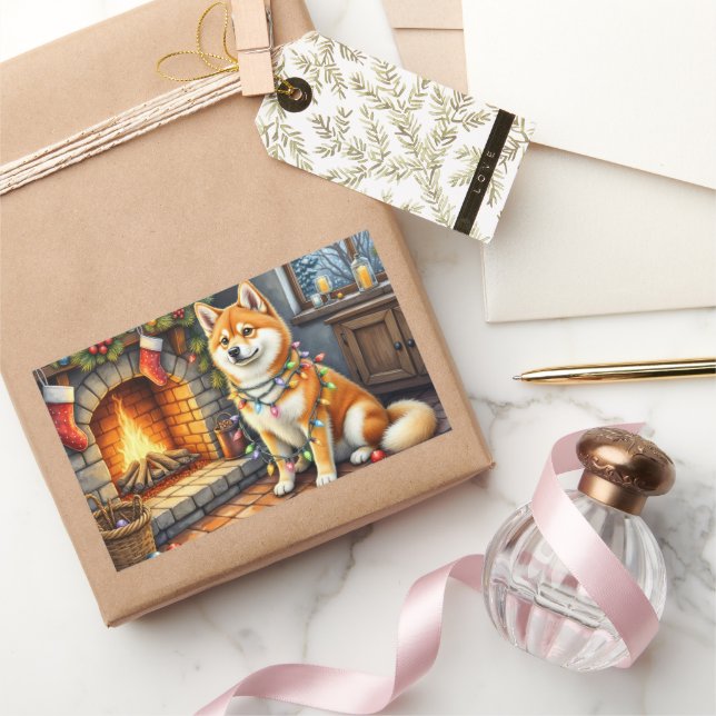 Akita Sitting by Fireplace with Christmas Lights Rechteckiger Aufkleber (Schenken)