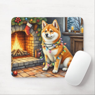 Akita sitzt neben dem Kamin mit Weihnachtslichtern Mousepad