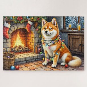 Akita sitzt neben dem Kamin mit Weihnachtslichtern Puzzle