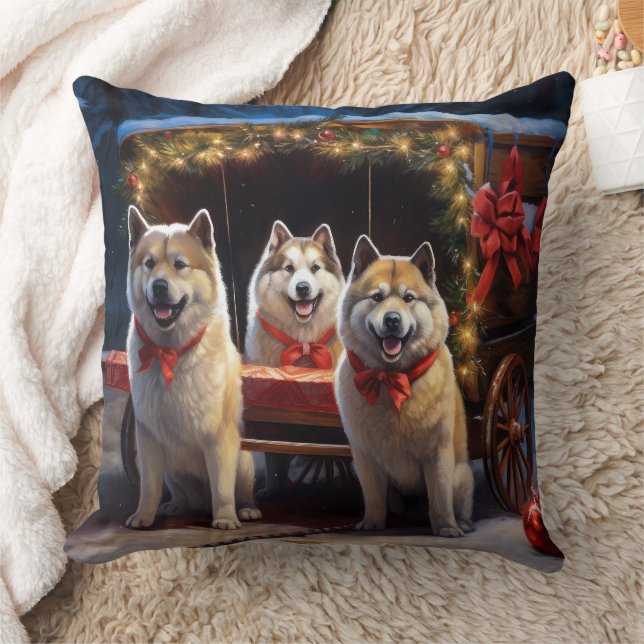 Akita Snowy Sleigh Ride Weihnachtsdekor Kissen (Decke)