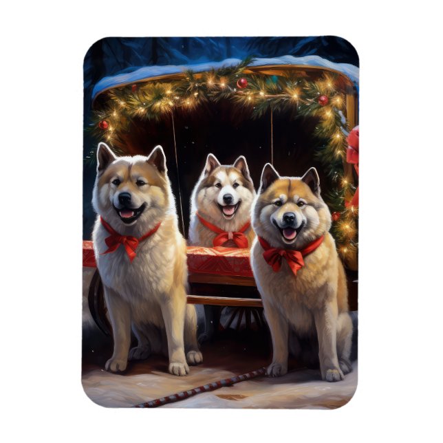 Akita Snowy Sleigh Ride Weihnachtsdekor Magnet (Vertikal)