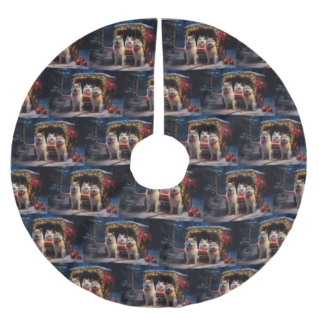 Akita Snowy Sleigh Ride Weihnachtsdekor Polyester Weihnachtsbaumdecke (Vorderseite)