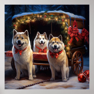 Akita Snowy Sleigh Ride Weihnachtsdekor Poster