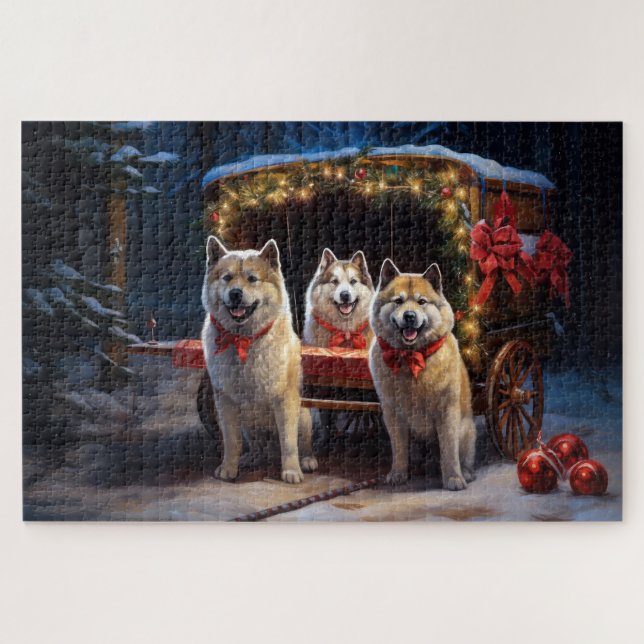 Akita Snowy Sleigh Ride Weihnachtsdekor Puzzle (Horizontal)