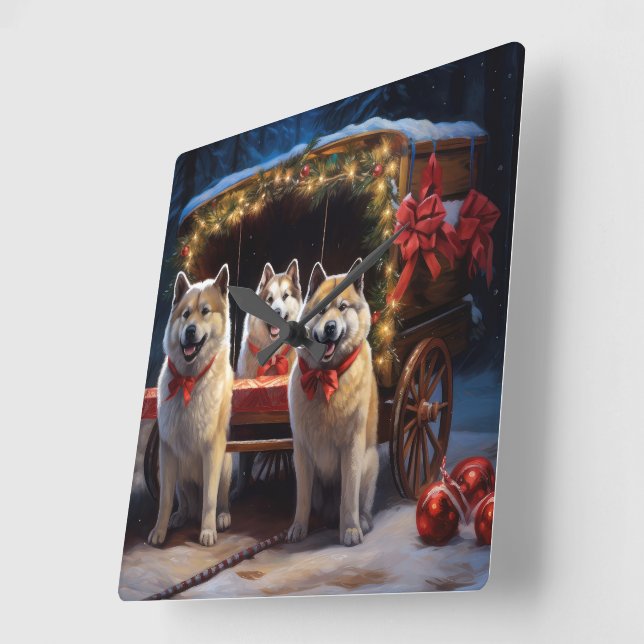 Akita Snowy Sleigh Ride Weihnachtsdekor Quadratische Wanduhr (Winkel)