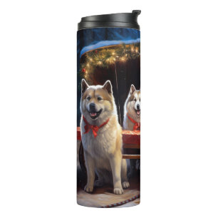 Akita Snowy Sleigh Ride Weihnachtsdekor Thermosbecher