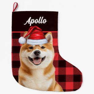 Akita Süßer Hund Roter Buffalo Karo mit Namen Großer Weihnachtsstrumpf