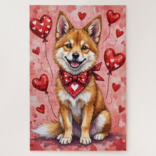 Akita Valentine Dog Art with Hearts and Balloons Puzzle (Vertikal)