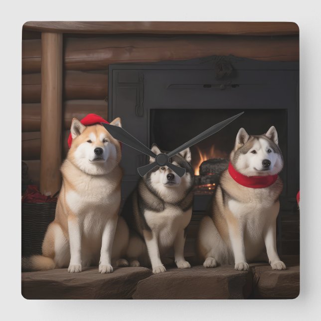 Akita von der Feuerstelle Weihnachten Quadratische Wanduhr (Vorderseite)