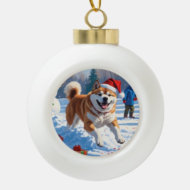 Akita Weihnachtsfest Schneeszene Keramik Kugel-Ornament (Vorderseite)