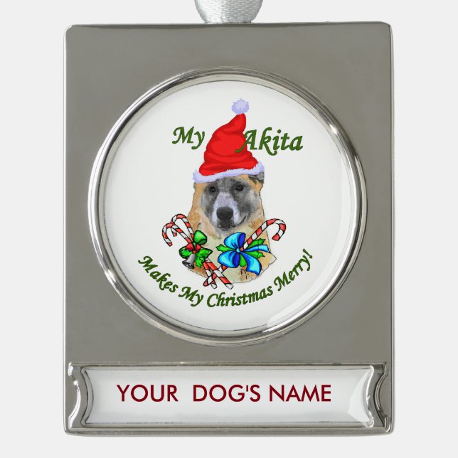 Akita Weihnachtsgeschenke Personalisiert Banner-Ornament Silber (Vorderseite)