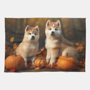 Akita Welpe Herbstfreude Kürbis Geschirrtuch