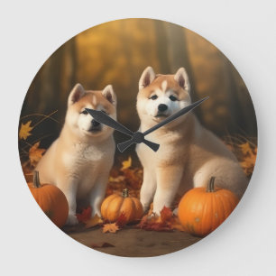 Akita Welpe Herbstfreude Kürbis Große Wanduhr