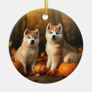 Akita Welpe Herbstfreude Kürbis Keramik Ornament