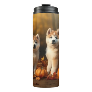 Akita Welpe Herbstfreude Kürbis Thermosbecher