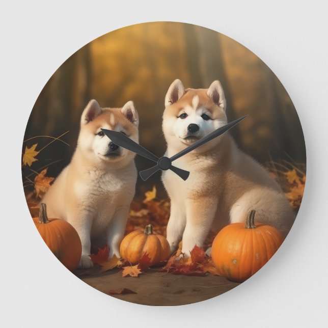 Akita Welppy Autumn Delight Pumpkin Große Wanduhr (Vorderseite)