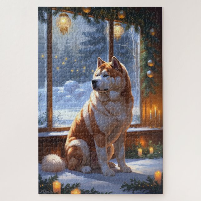 Akita With Christmas Lights Holiday Puzzle (Vertikal)