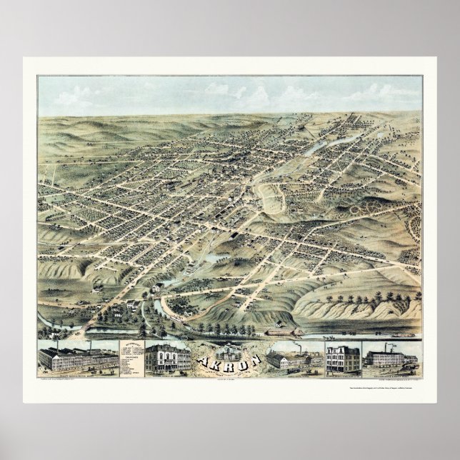 Akron, OH Panorama Karte - 1870 Poster (Vorne)