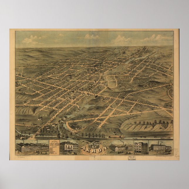 Akron Ohio 1870 Antike Panoramakarte Poster (Vorne)